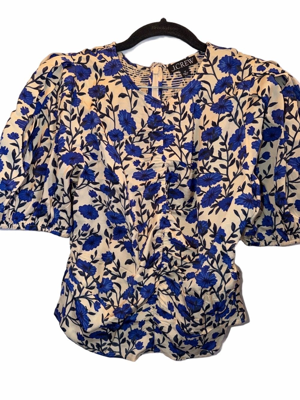 J Crew Floral Puff-Sleeve Blouse, Cream & Blue, SZ 10, PTP 17”, L 20”, (T4-327)